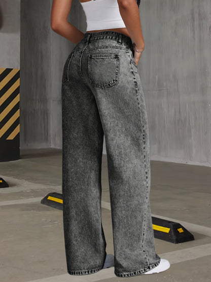 Women's High-Waist Wide Leg Jeans - Grey Button Detail detail view