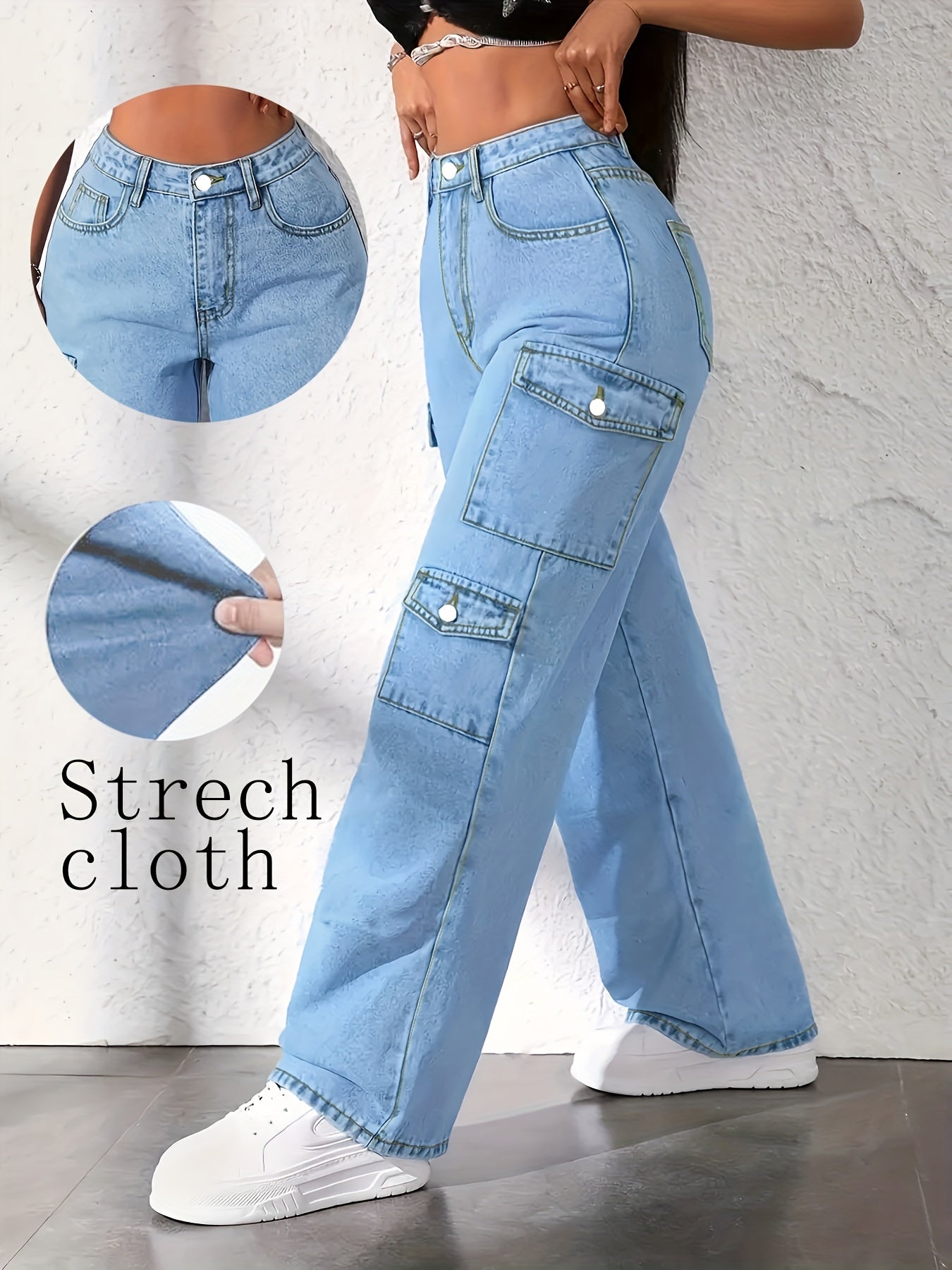 Women's High-Waist Wide Leg Jeans - Light Blue Pocket Detail – view 2