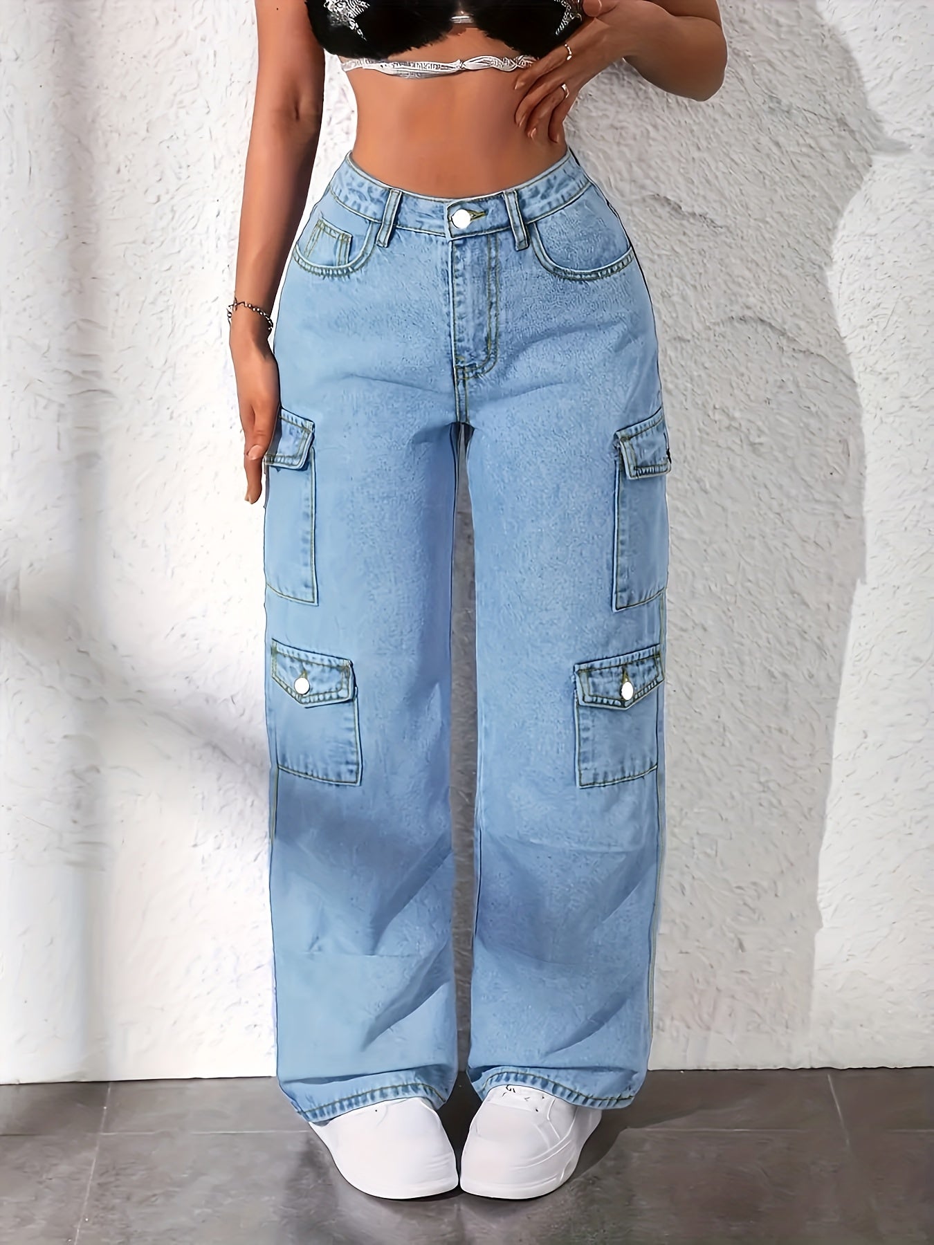 Women's High-Waist Wide Leg Jeans - Light Blue Pocket Detail – view 6