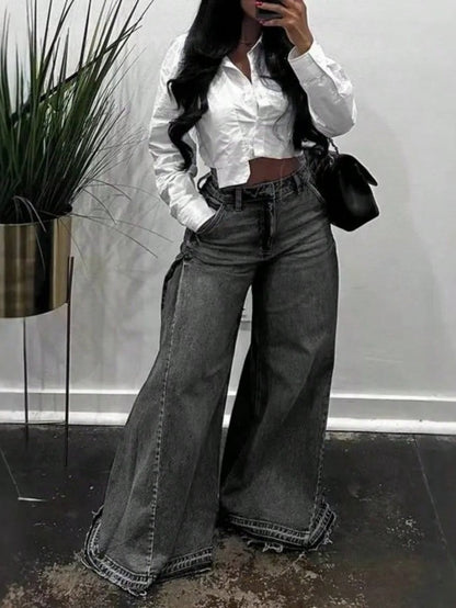 Women's High-Waist Wide Leg Jeans - Light Blue Raw Hem – Blue option – view 3