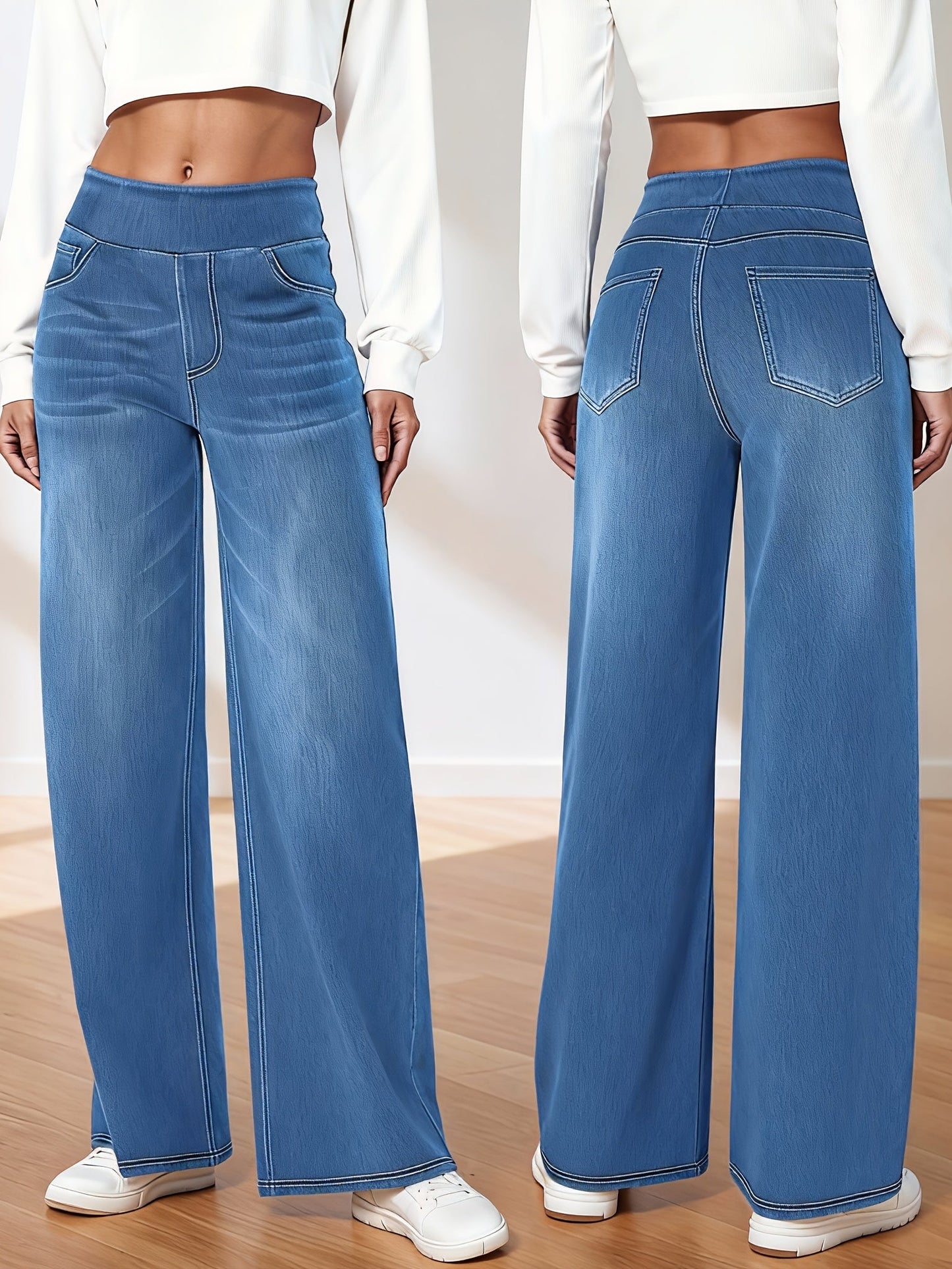 Women's High-Waist Wide Leg Jeans - Light Blue Vintage Wash detail view