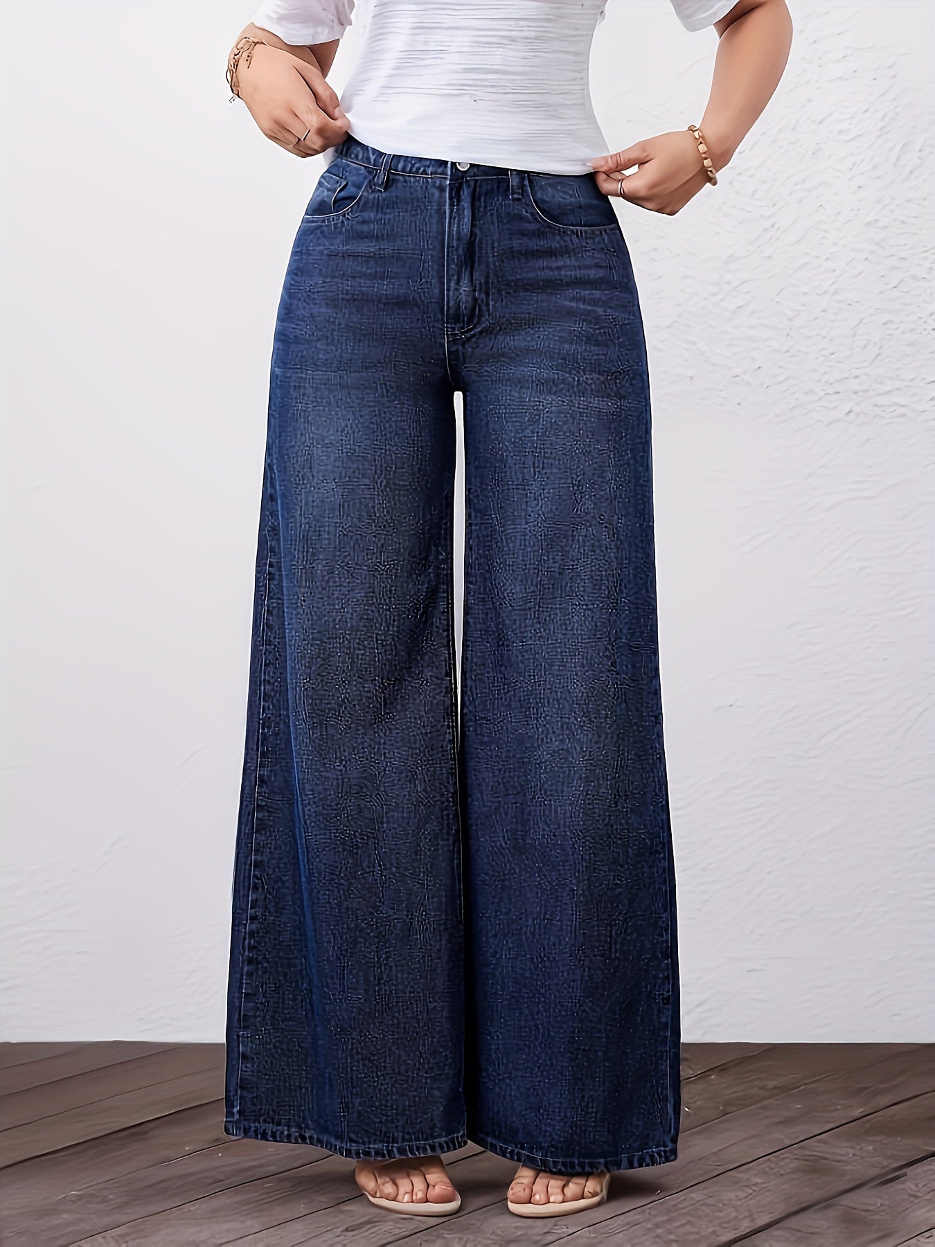 Women's High-Waist Wide Leg Jeans - Medium Blue detail view