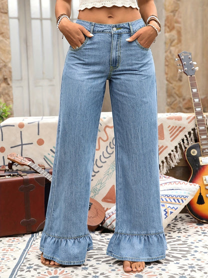 Women's High-Waist Wide Leg Jeans - Medium Blue Button Detail Stretch – Sizes 1XL–5XL – view 9