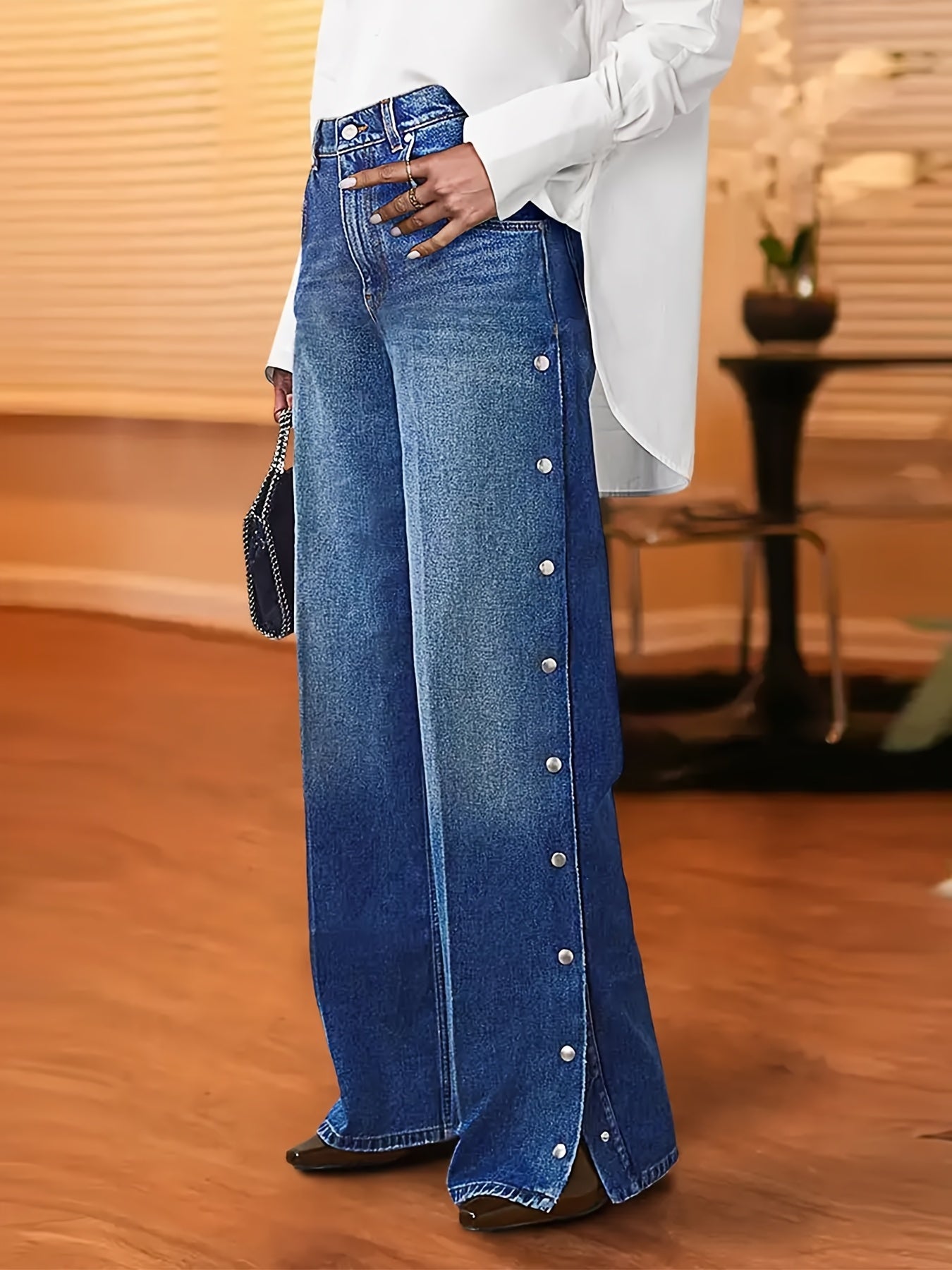 Women's High-Waist Wide Leg Jeans - Medium Blue Button Detail Stretch – Sizes S–XXL – Blue option – view 3