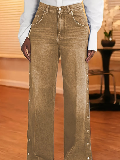 Women's High-Waist Wide Leg Jeans - Medium Blue Button Detail Stretch – Sizes S–XXL detail view