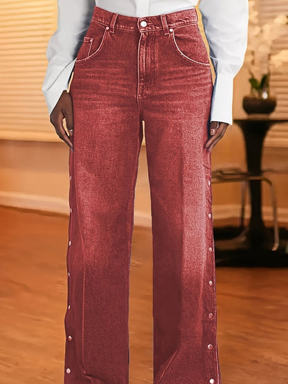 Women's High-Waist Wide Leg Jeans - Medium Blue Button Detail Stretch – Sizes S–XXL detail view