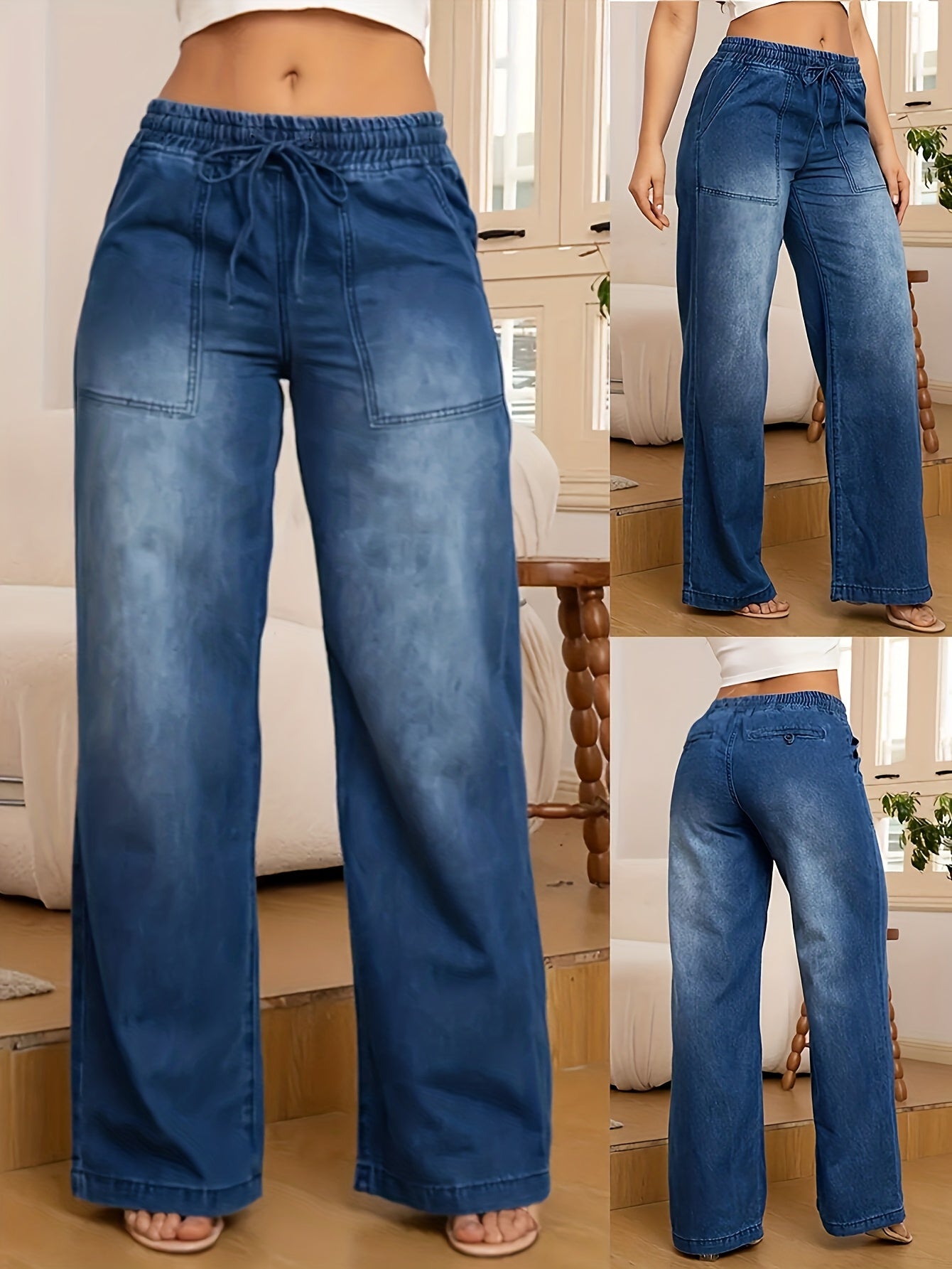 Women's High-Waist Wide Leg Jeans - Medium Blue Stretch – Blue option – main product image