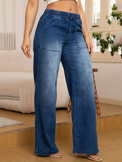 Women's High-Waist Wide Leg Jeans - Medium Blue Stretch detail view