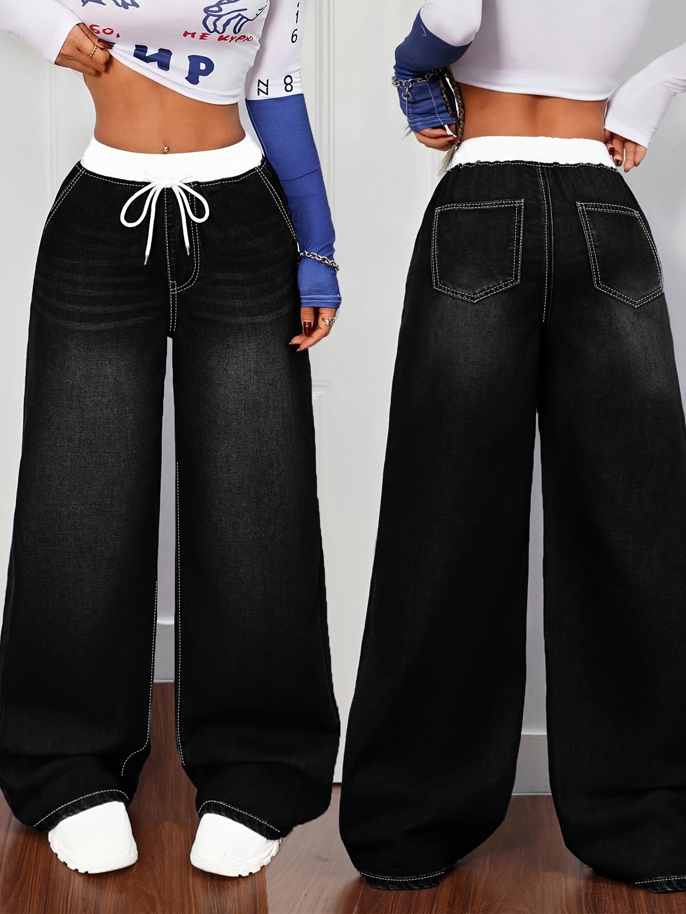 Women's High-Waist Wide Leg Jeans - Medium Blue Stretch All-Season – view 10
