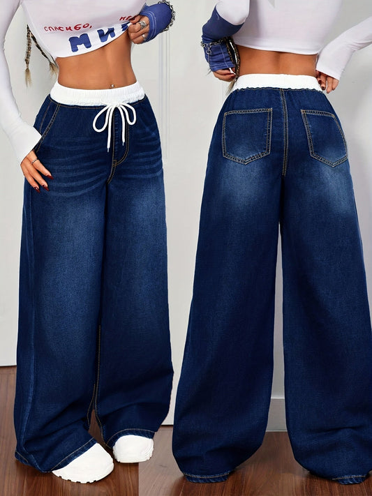Women's High-Waist Wide Leg Jeans - Medium Blue Stretch All-Season – Blue option – main product image