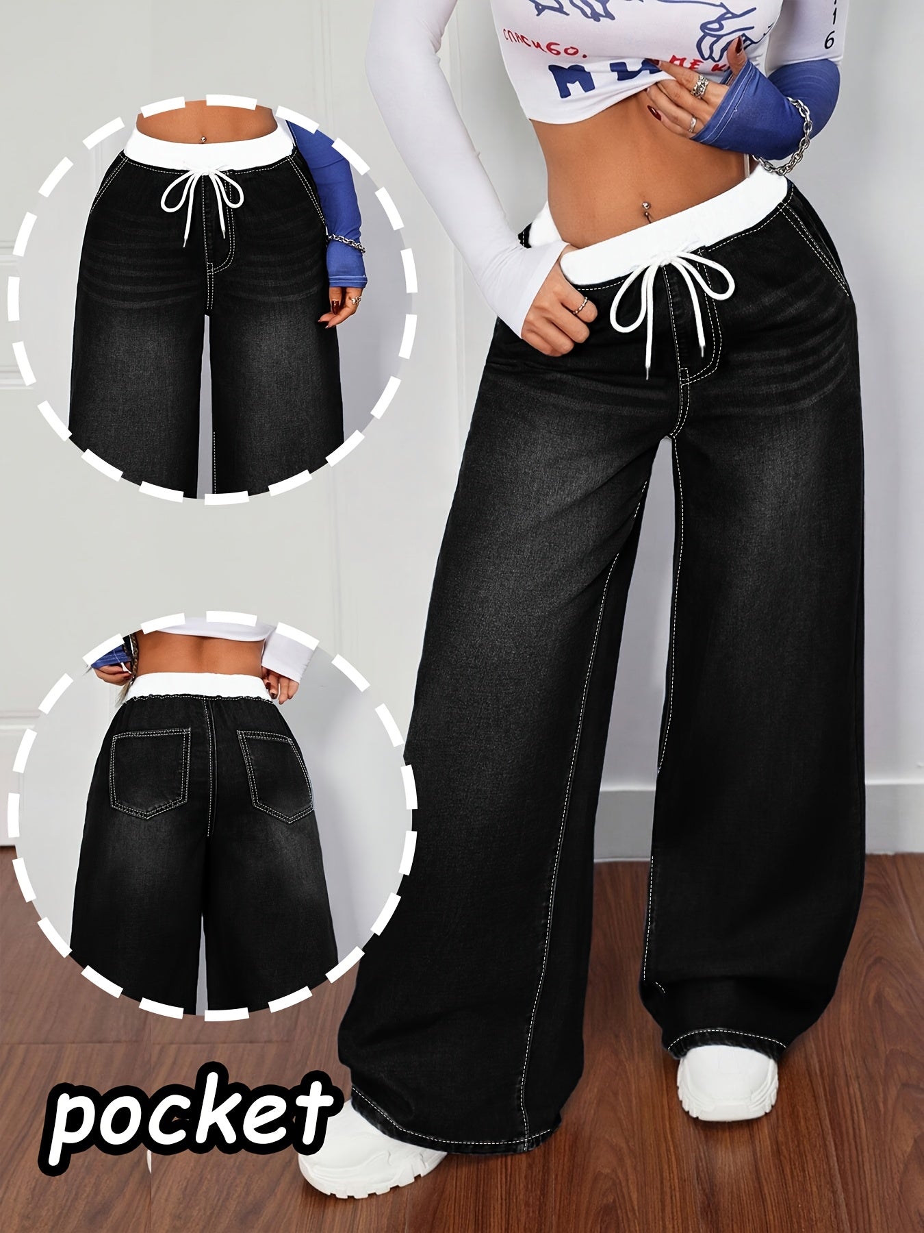 Women's High-Waist Wide Leg Jeans - Medium Blue Stretch All-Season detail view