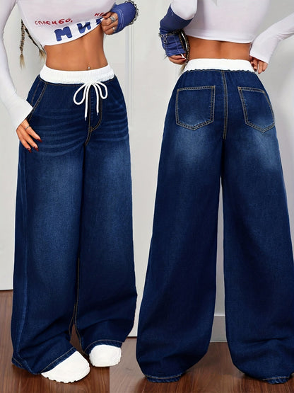 Women's High-Waist Wide Leg Jeans - Medium Blue Stretch All-Season detail view