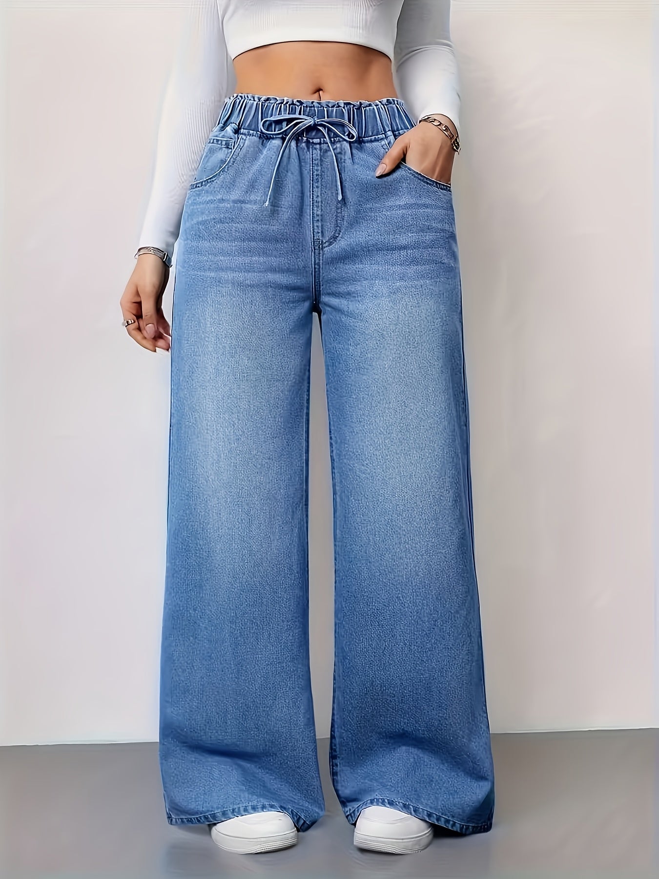 Women's High-Waist Wide Leg Jeans - Sea Blue detail view