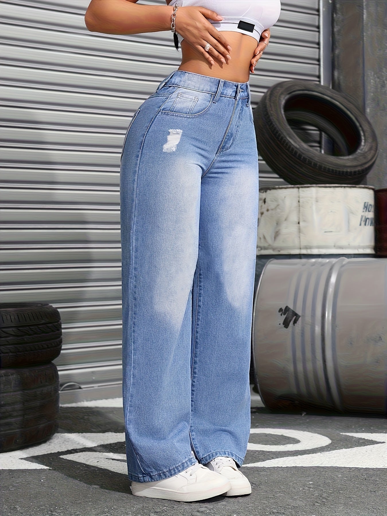 Women's High-Waist Wide Leg Jeans - Sky Blue Distressed Stretch detail view