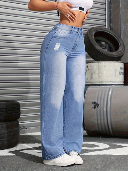 Women's High-Waist Wide Leg Jeans - Sky Blue Distressed Stretch detail view