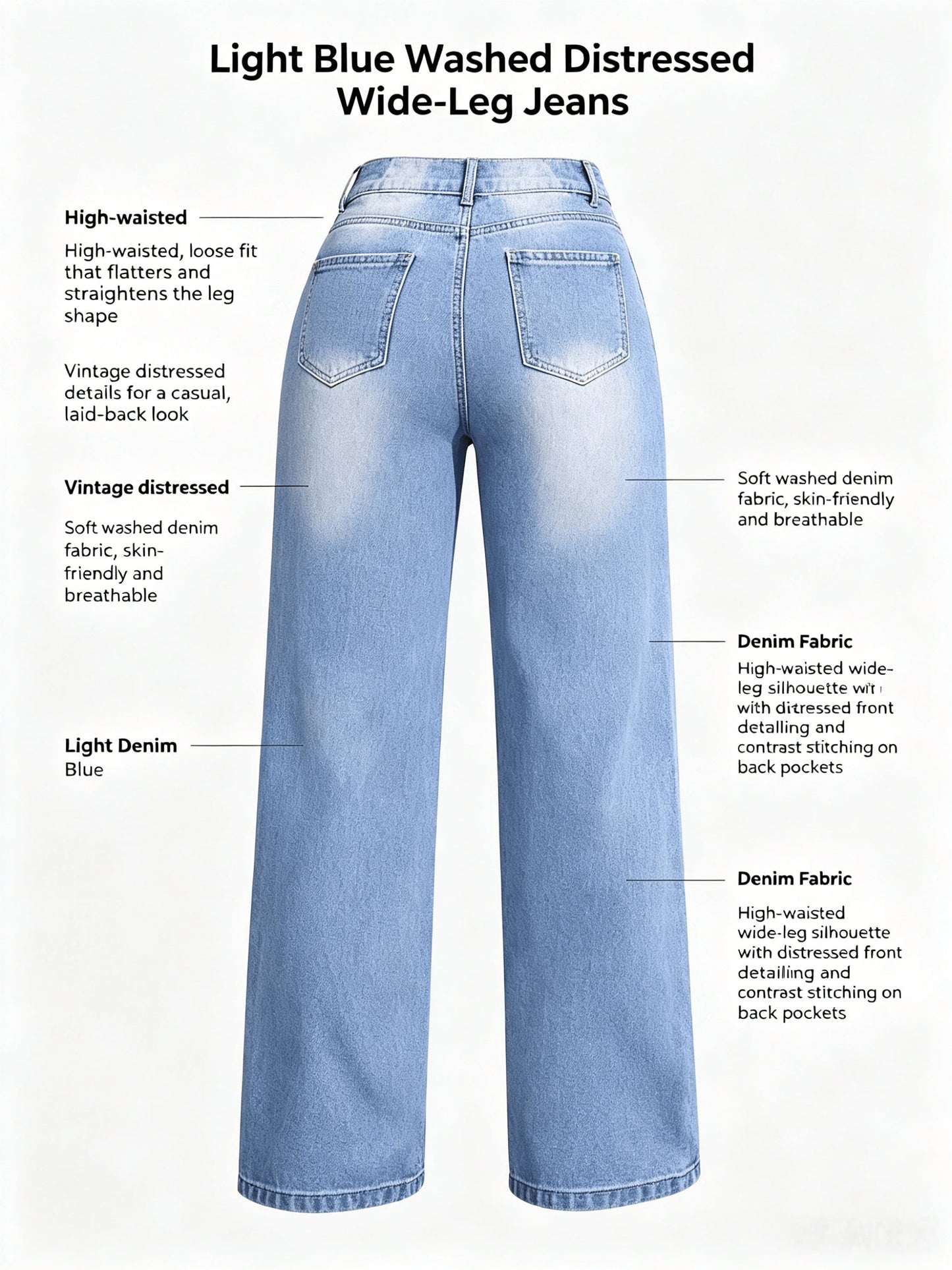 Women's High-Waist Wide Leg Jeans - Sky Blue Distressed Stretch detail view