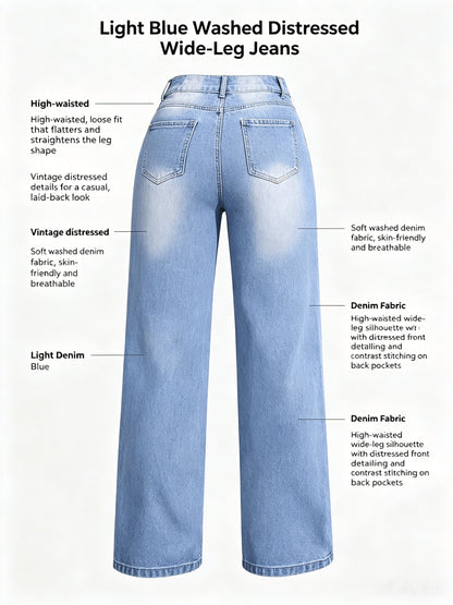 Women's High-Waist Wide Leg Jeans - Sky Blue Distressed Stretch detail view