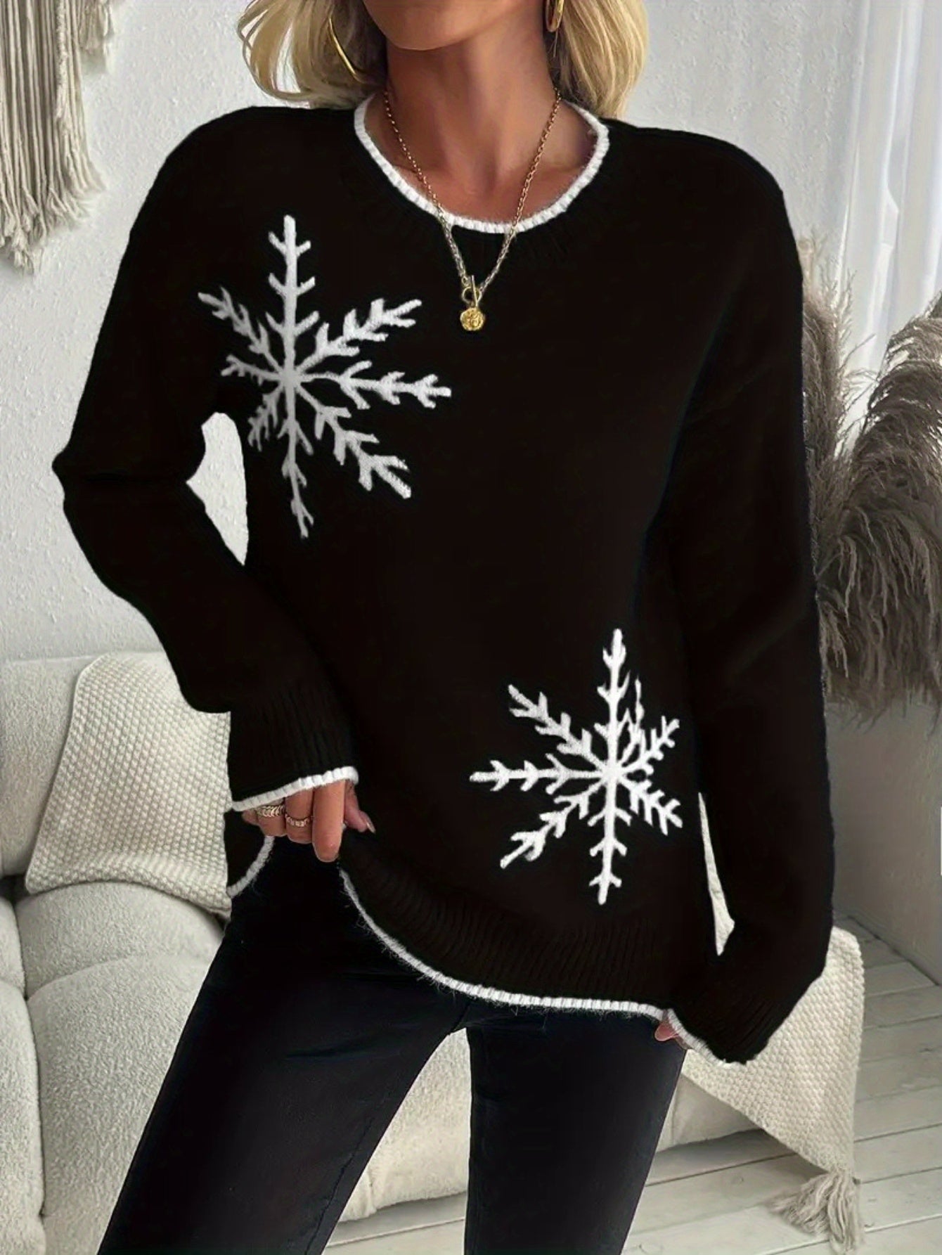 Women's Holiday Sweater - Classic Neck Long Sleeve detail view