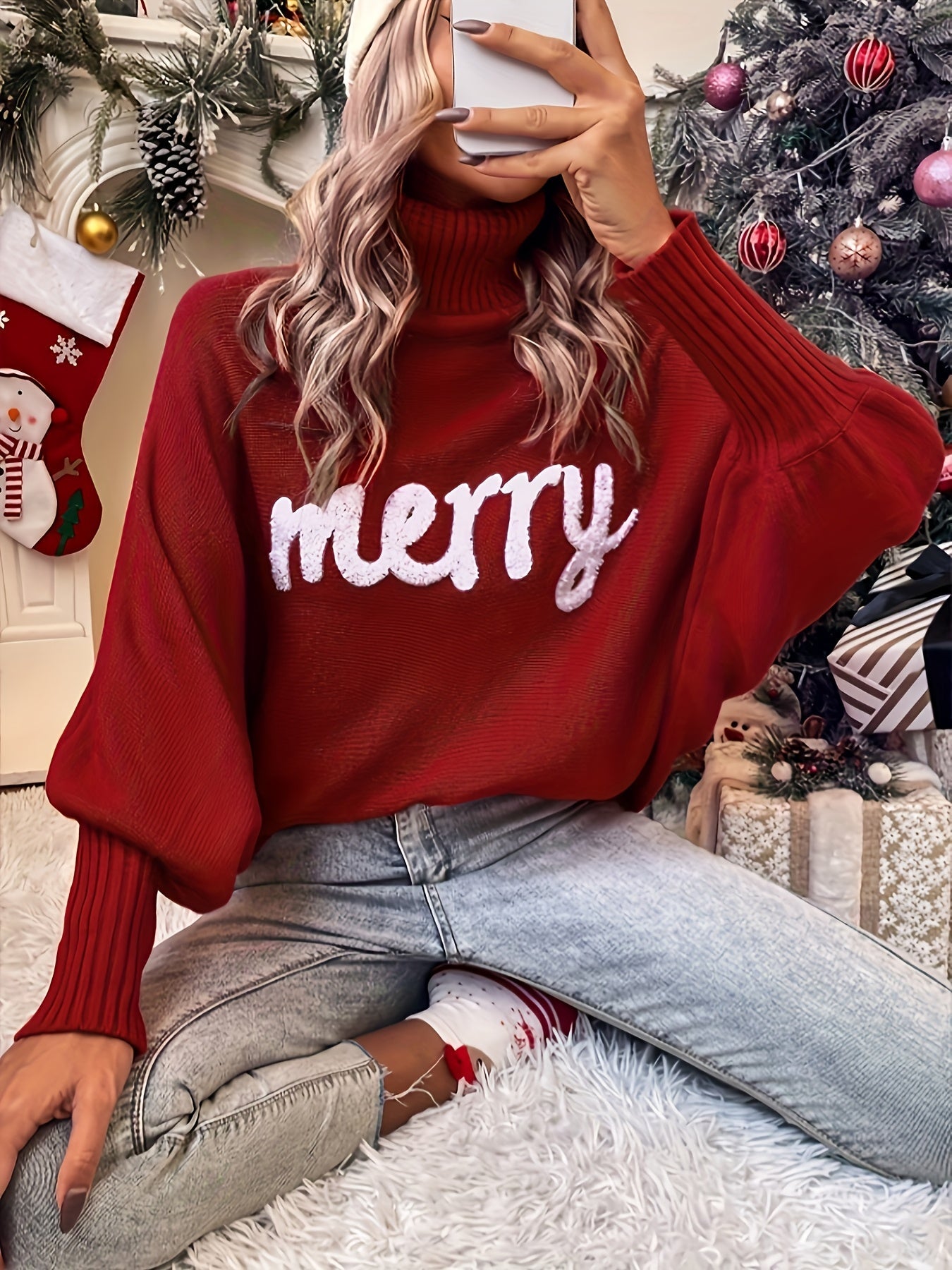 Women's Holiday Sweater - Turtleneck Batwing Sleeve detail view