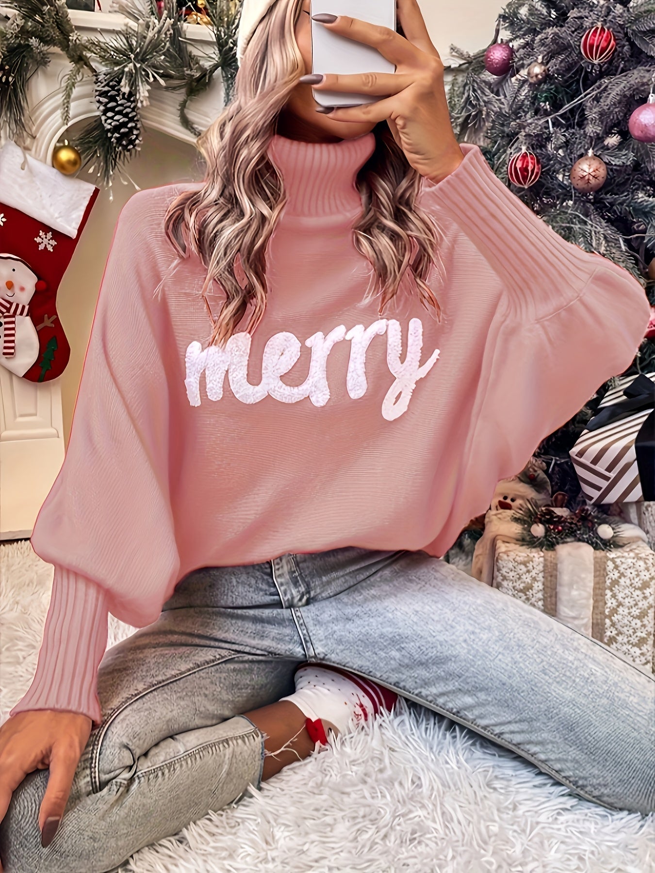 Women's Holiday Sweater - Turtleneck Batwing Sleeve detail view