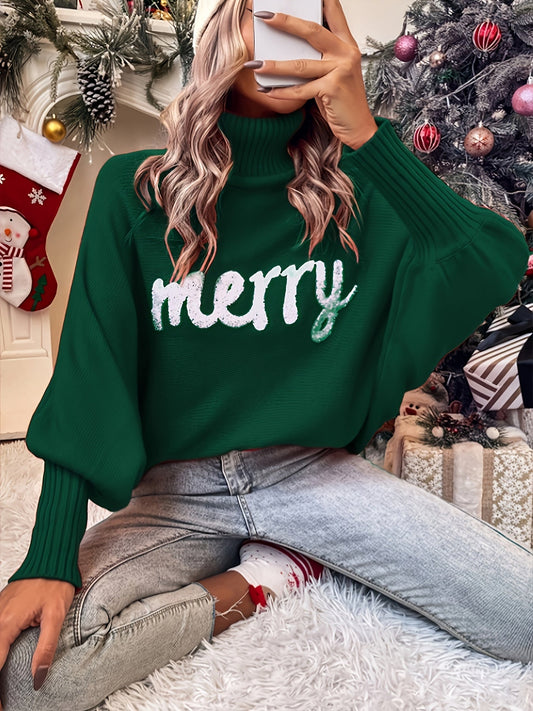 Women's Holiday Sweater - Turtleneck Batwing Sleeve – Green option – main product image