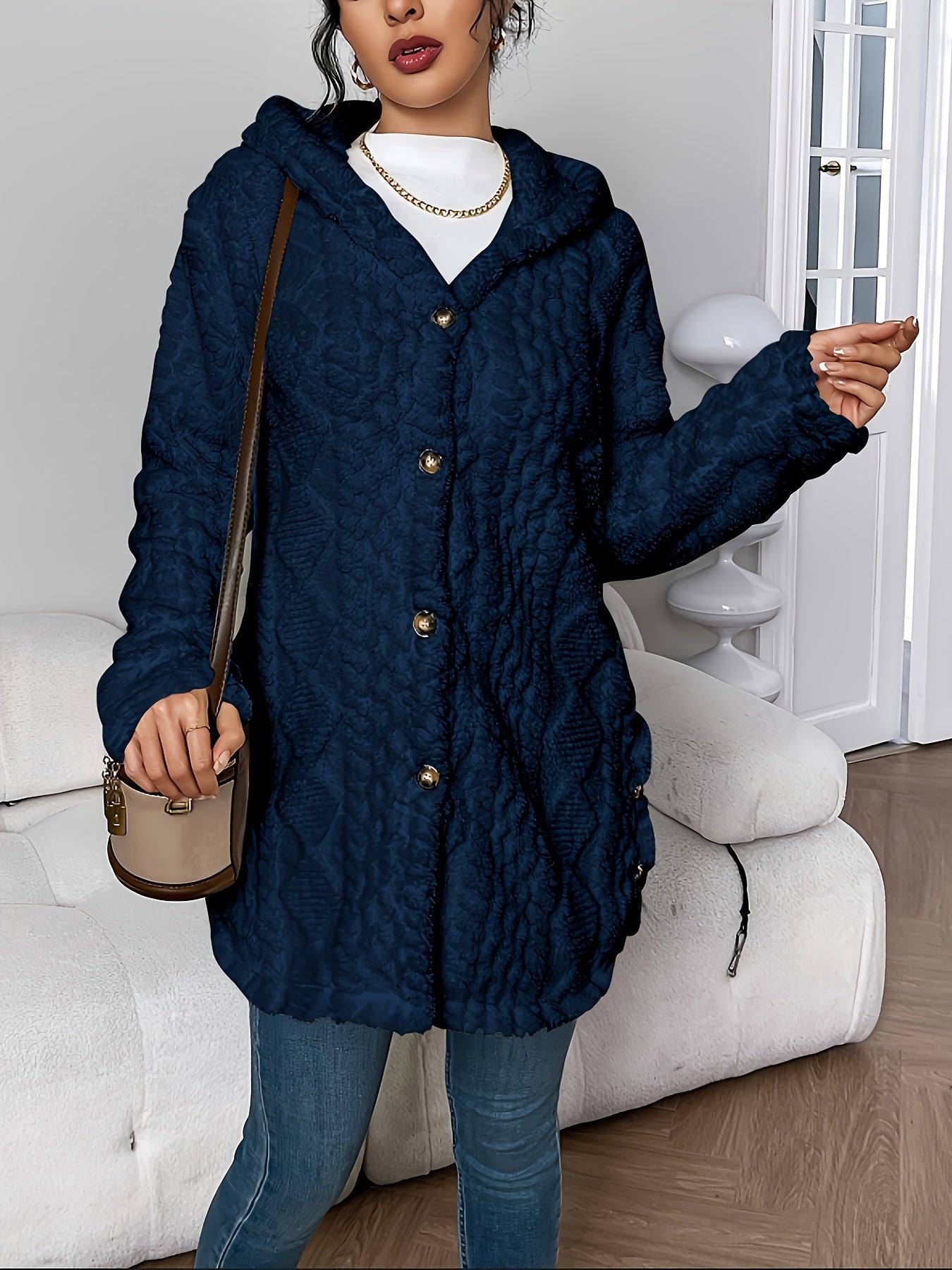 Women's Hooded Fuzzy Coat - Mid-Length Button Front detail view