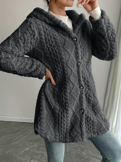 Women's Hooded Fuzzy Coat - Mid-Length Button Front detail view