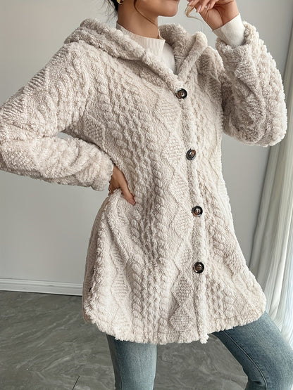Women's Hooded Fuzzy Coat - Mid-Length Button Front detail view