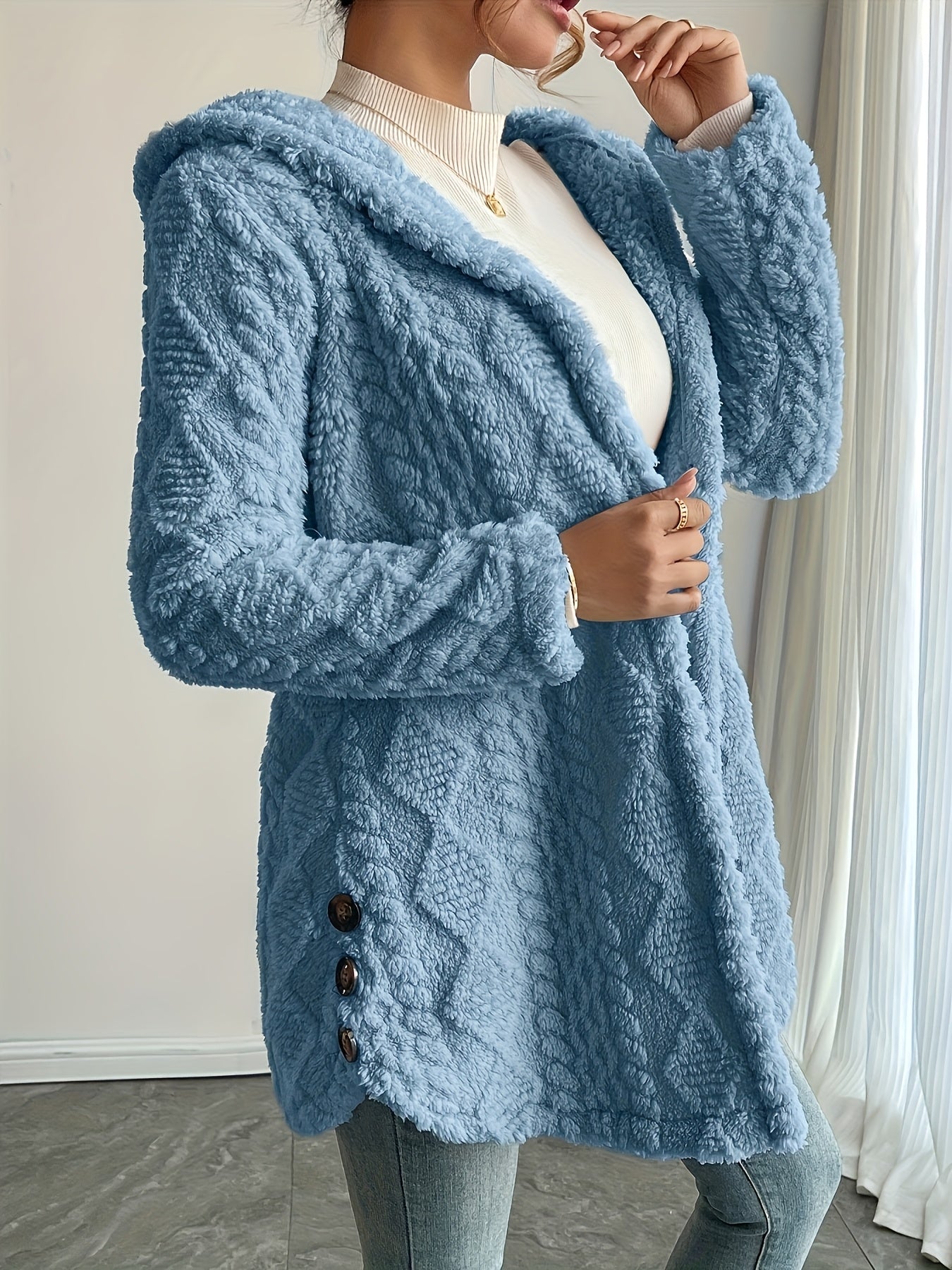 Women's Hooded Fuzzy Coat - Mid-Length Button Front detail view