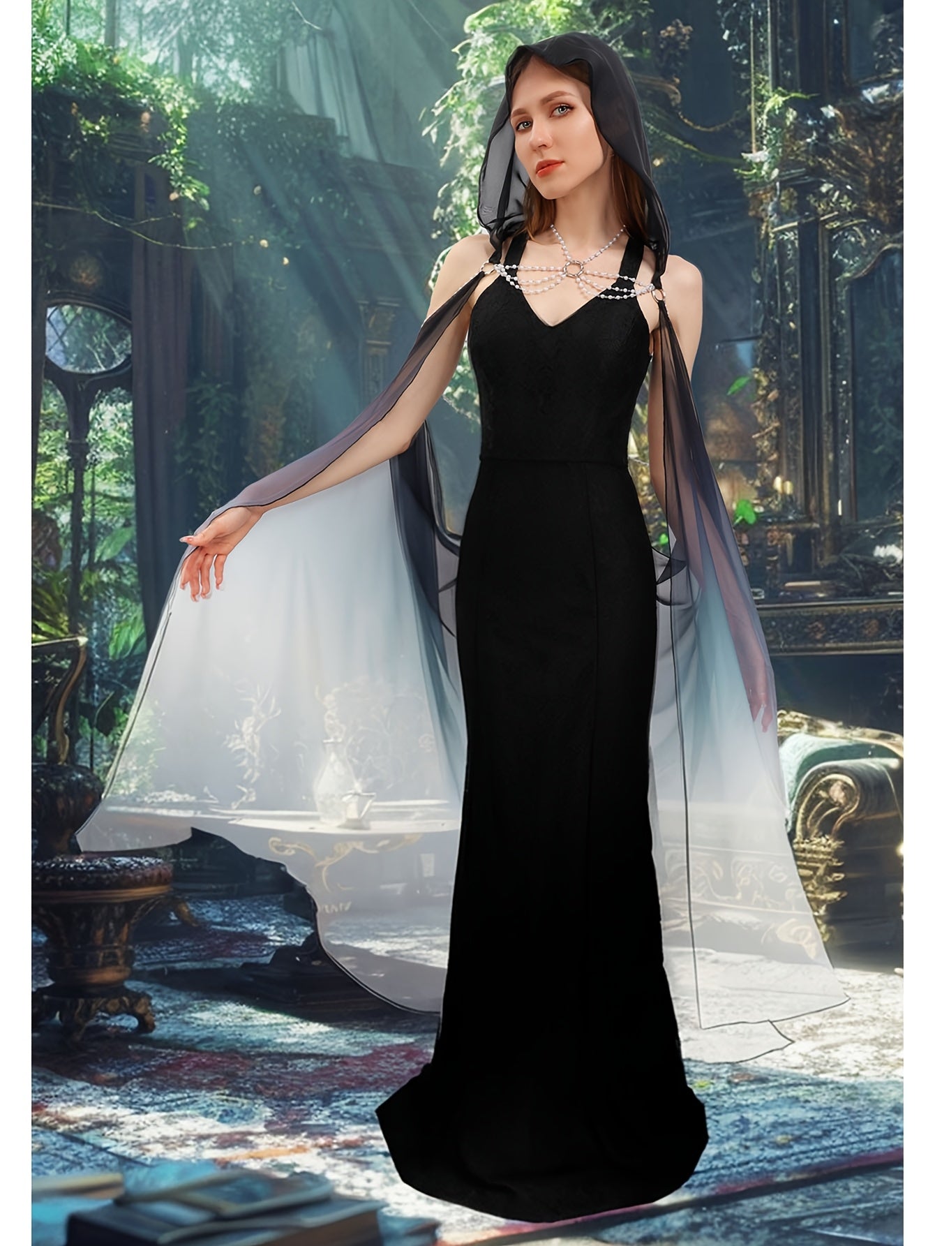 Women's Hooded Gothic Costume Cape - Full Length Tulle detail view