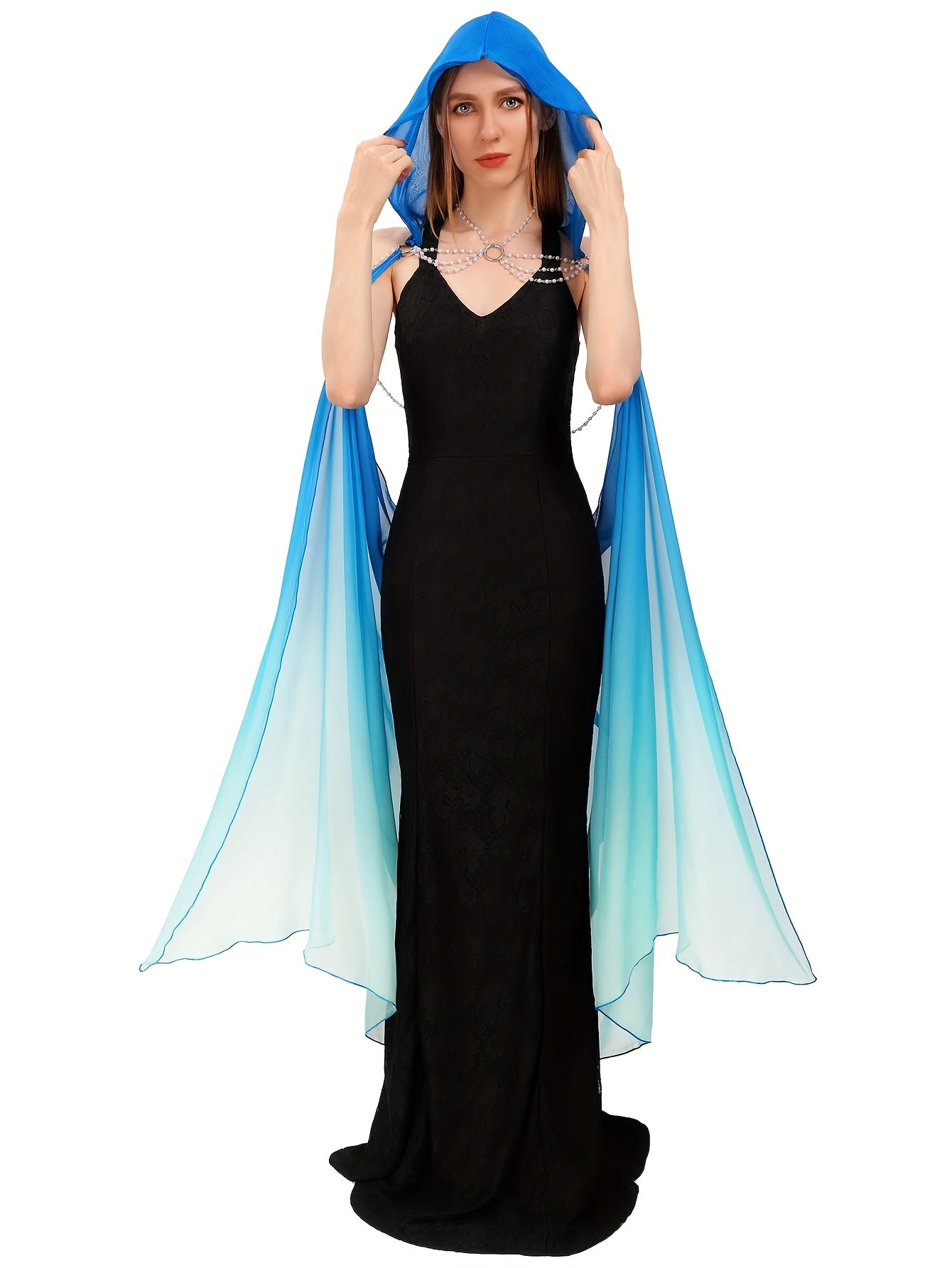 Women's Hooded Gothic Costume Cape - Full Length Tulle detail view