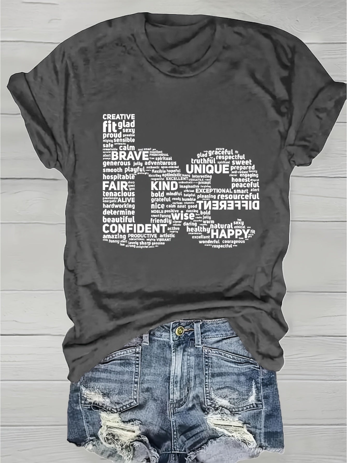 Women's Inspirational Graphic T-Shirt - Round Neck Short Sleeve Word Cloud – Purple option – view 2