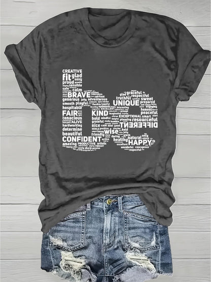 Women's Inspirational Graphic T-Shirt - Round Neck Short Sleeve Word Cloud – Purple option – view 2