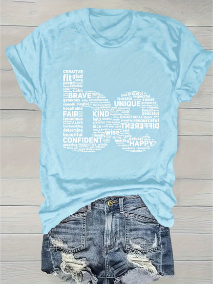 Women's Inspirational Graphic T-Shirt - Round Neck Short Sleeve Word Cloud – Purple option – view 3