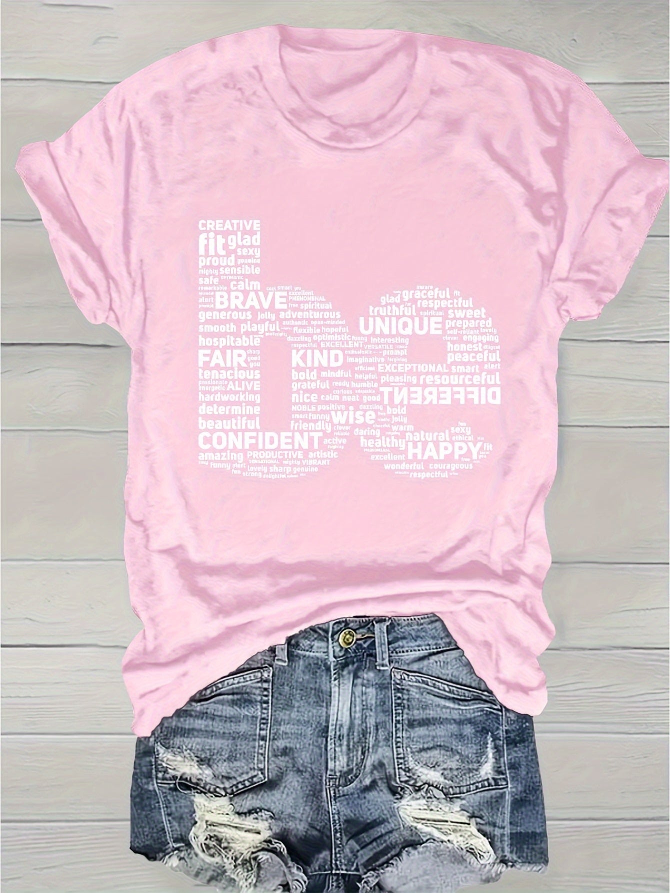 Women's Inspirational Graphic T-Shirt - Round Neck Short Sleeve Word Cloud – Purple option – view 4