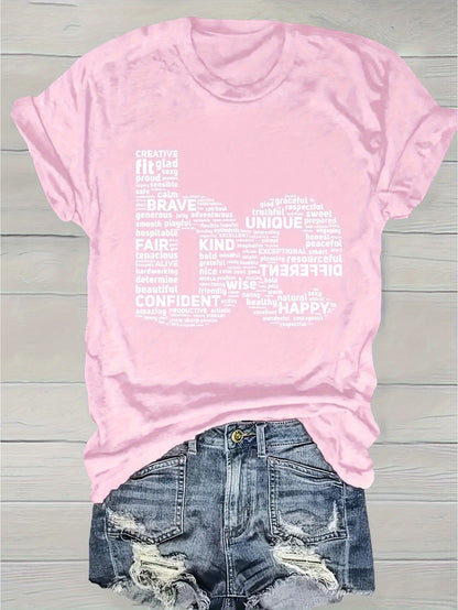 Women's Inspirational Graphic T-Shirt - Round Neck Short Sleeve Word Cloud – Purple option – view 4
