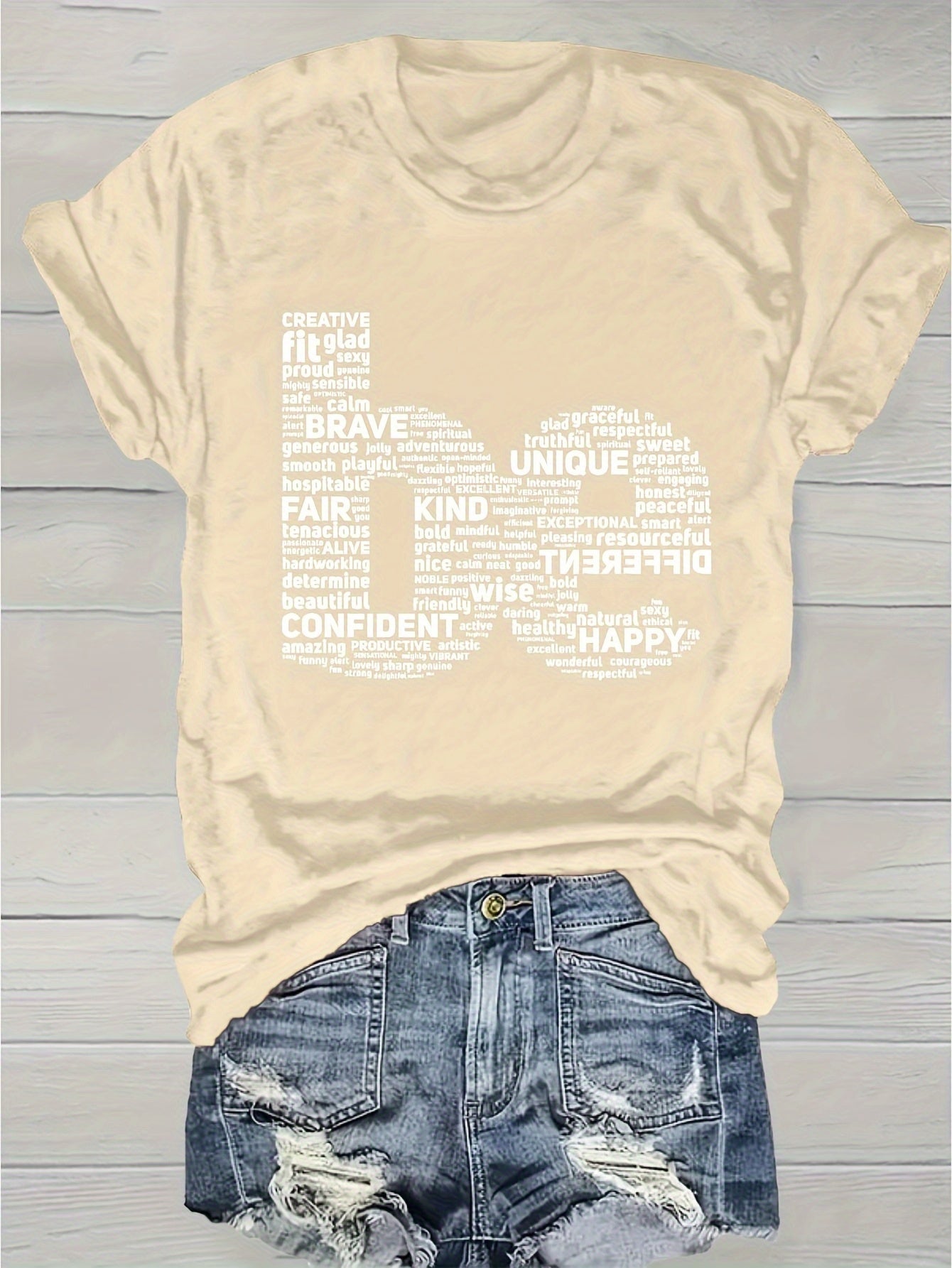 Women's Inspirational Graphic T-Shirt - Round Neck Short Sleeve Word Cloud – Purple option – view 6