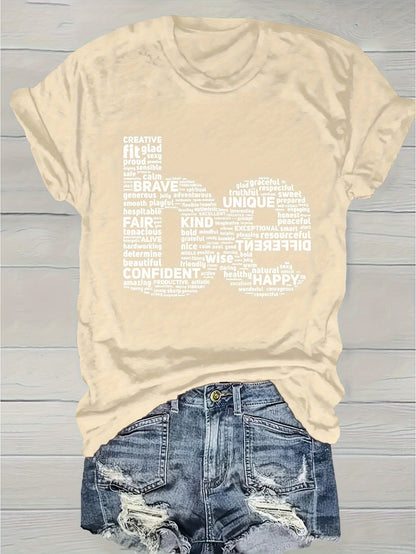 Women's Inspirational Graphic T-Shirt - Round Neck Short Sleeve Word Cloud – Purple option – view 6