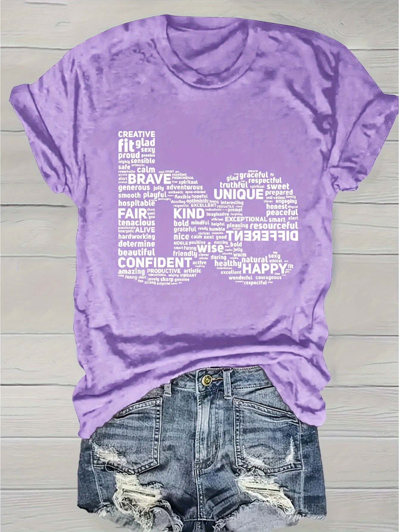 Women's Inspirational Graphic T-Shirt - Round Neck Short Sleeve Word Cloud – Purple option – view 9