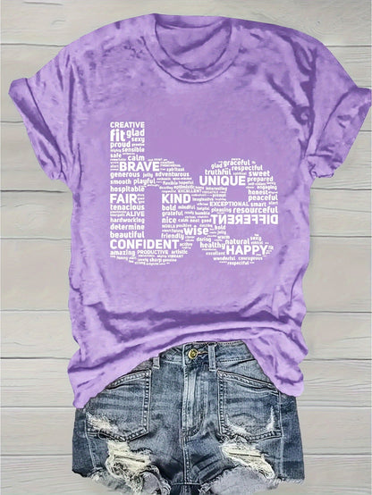Women's Inspirational Graphic T-Shirt - Round Neck Short Sleeve Word Cloud – Purple option – view 9