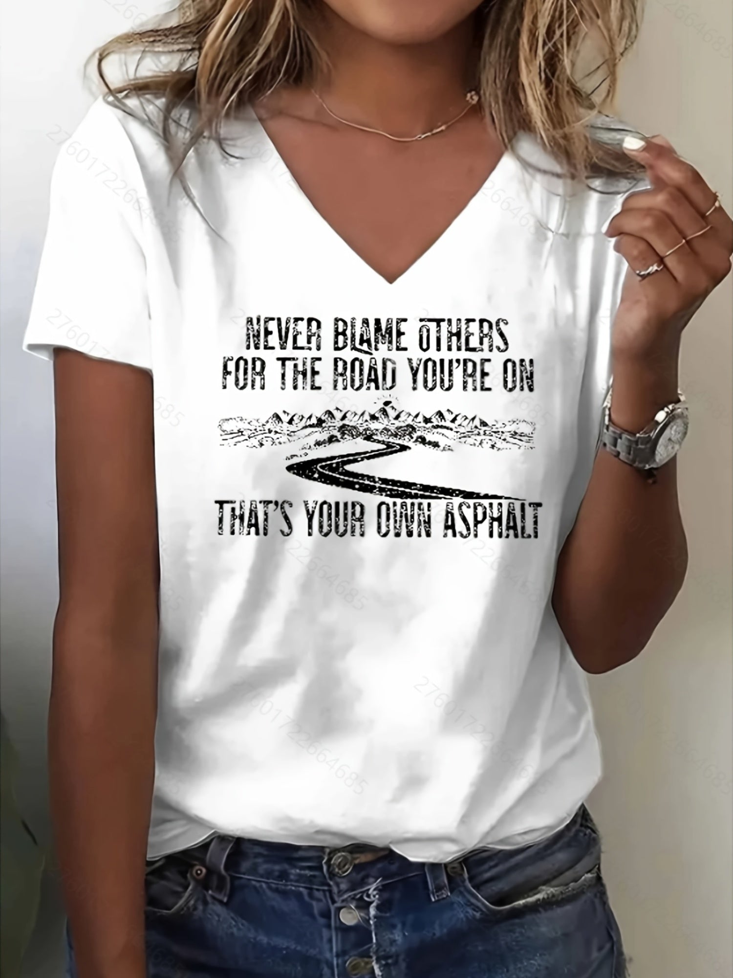 Women's Inspirational Graphic T-Shirt - V-Neck Short Sleeve Retro Wash detail view