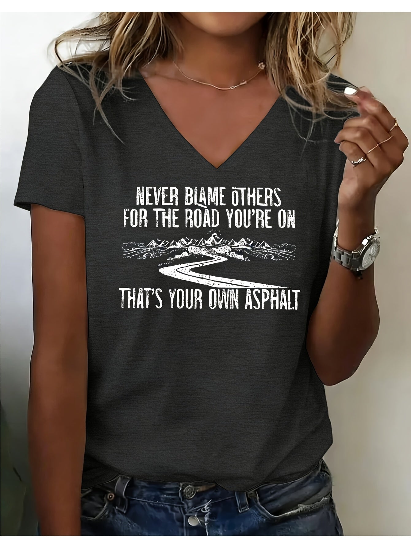 Women's Inspirational Graphic T-Shirt - V-Neck Short Sleeve Retro Wash – White option – view 2