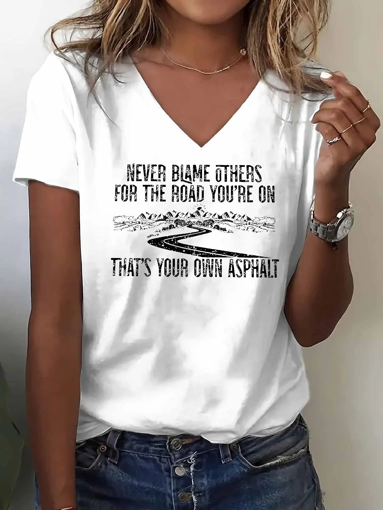 Women's Inspirational Graphic T-Shirt - V-Neck Short Sleeve Retro Wash – White option – view 4
