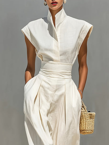 Women's Ivory White V-Neck Maxi Casual Dress - Pleated detail view