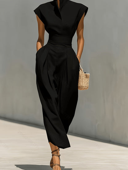 Women's Ivory White V-Neck Maxi Casual Dress - Pleated detail view