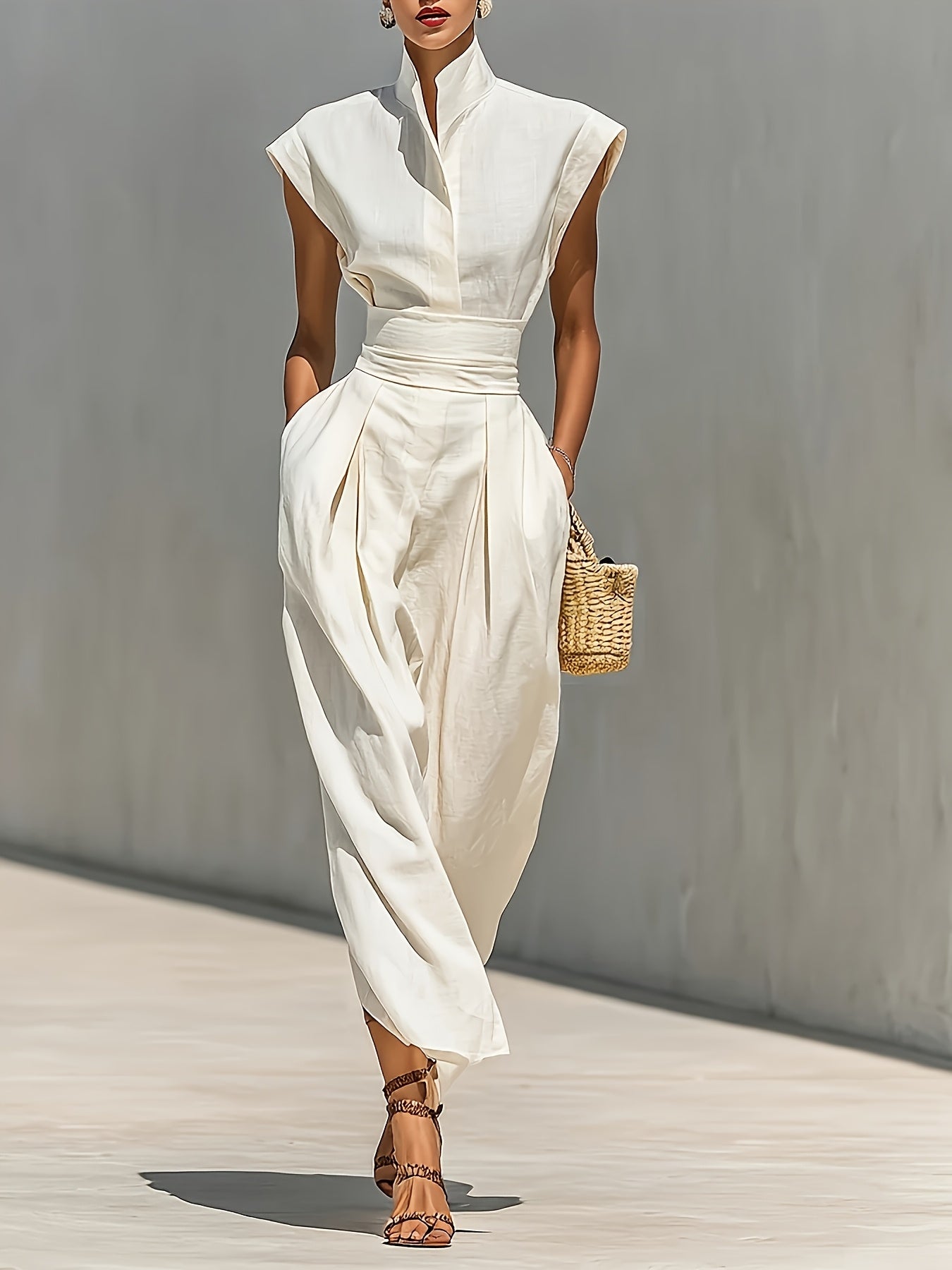 Women's Ivory White V-Neck Maxi Casual Dress - Pleated detail view