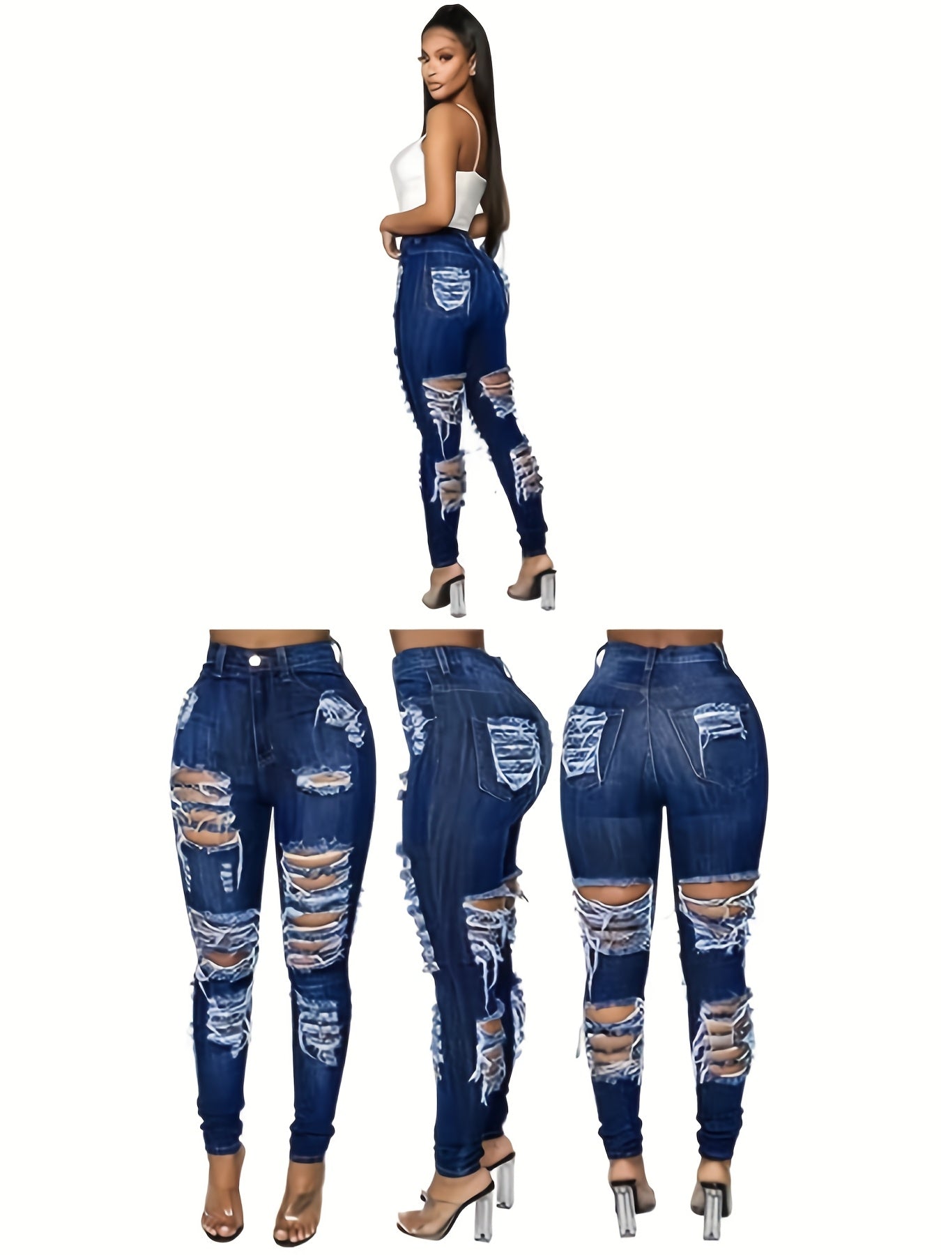 Women's Jeans - Dark Blue Distressed Streetwear – Blue option – main product image