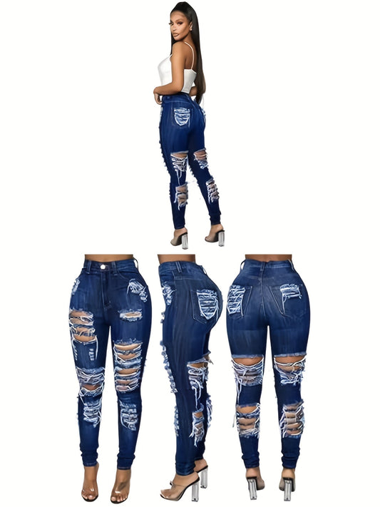 Women's Jeans - Dark Blue Distressed Streetwear – Blue option – main product image