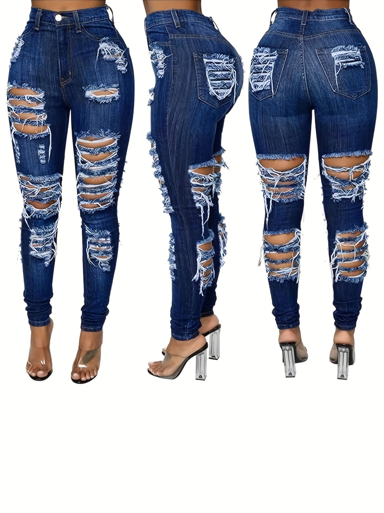 Women's Jeans - Dark Blue Distressed Streetwear detail view