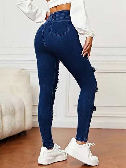 Women's Jeans - Dark Blue Distressed Stretch detail view